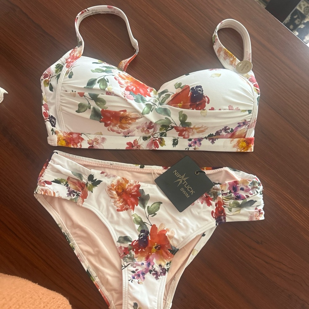 Nip Tuck Swim Floral Bikini Bottom - White and Red